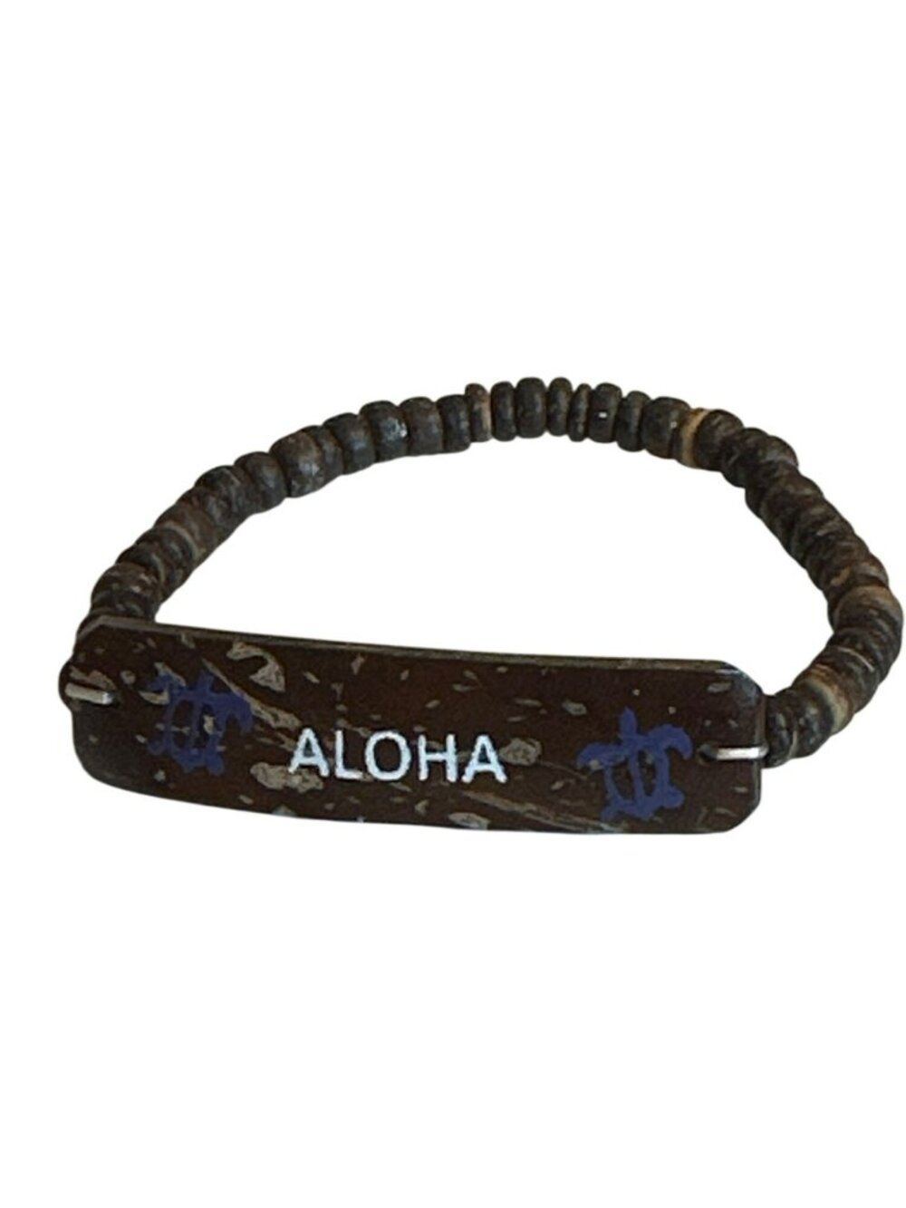 Hawaiian Aloha Bracelet Coconut Shell Plaque & Beaded Elastic Band Turtles Beach